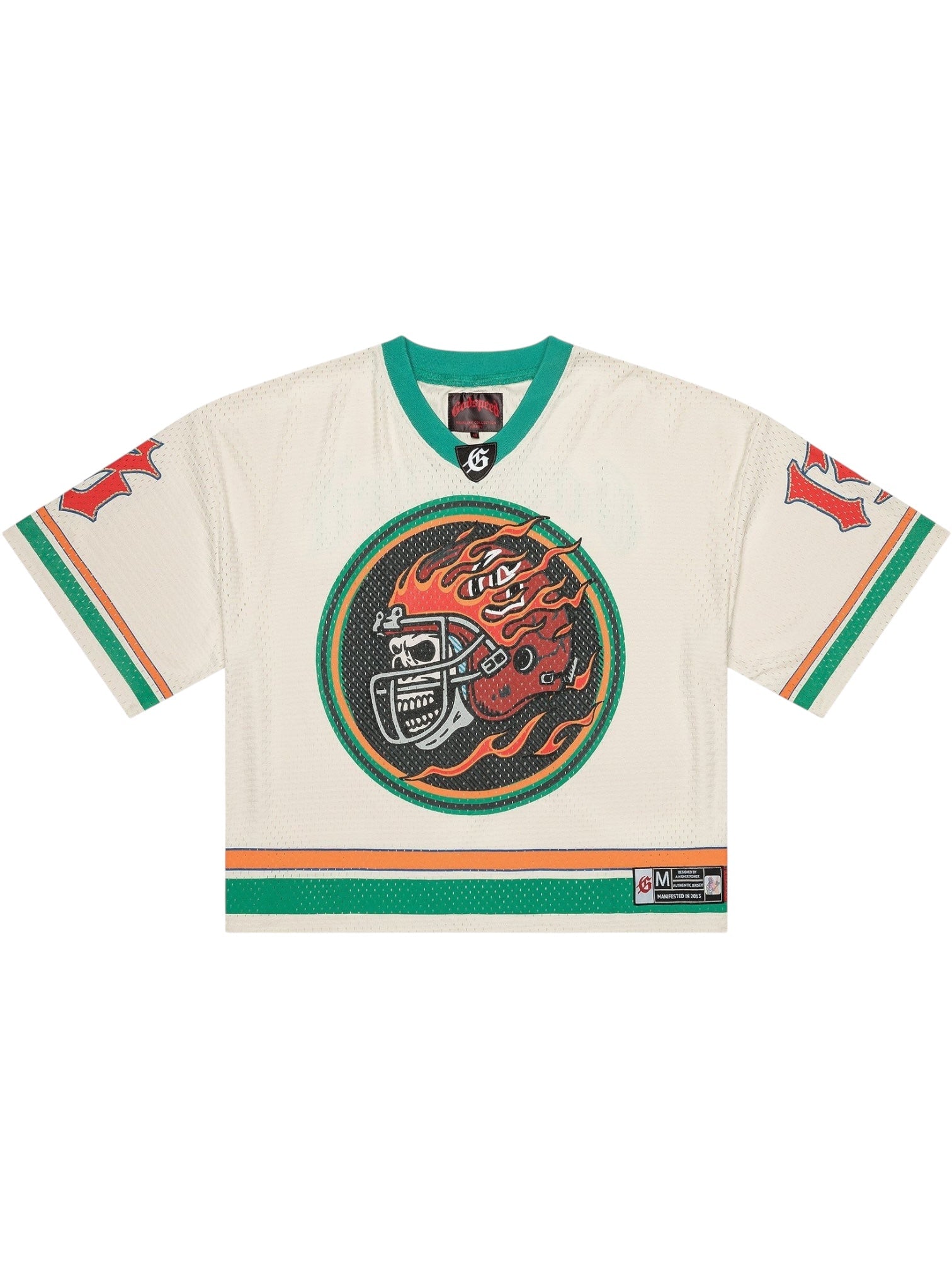 The GODSPEED First Down Jersey in Bone/Teal/Orange features green and orange stripes, a flaming football helmet graphic, and the number 45 on the sleeves. Made from 100% cotton for comfort.