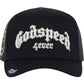 The GODSPEED Godspeed Gs Forever Hat Black is a limited edition black mesh trucker hat with "Godspeed fever" in bold white gothic lettering and color-changing front embroidery.