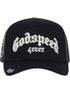 The GODSPEED Godspeed Gs Forever Hat Black is a limited edition black mesh trucker hat with "Godspeed fever" in bold white gothic lettering and color-changing front embroidery.