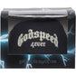 The GODSPEED Godspeed Gs Forever Hat Black is a limited-edition trucker hat with "Godspeed Fever" in gothic font, color-changing embroidery, and comes in a lightning-design box featuring "godspeednewyork.com" on the front.