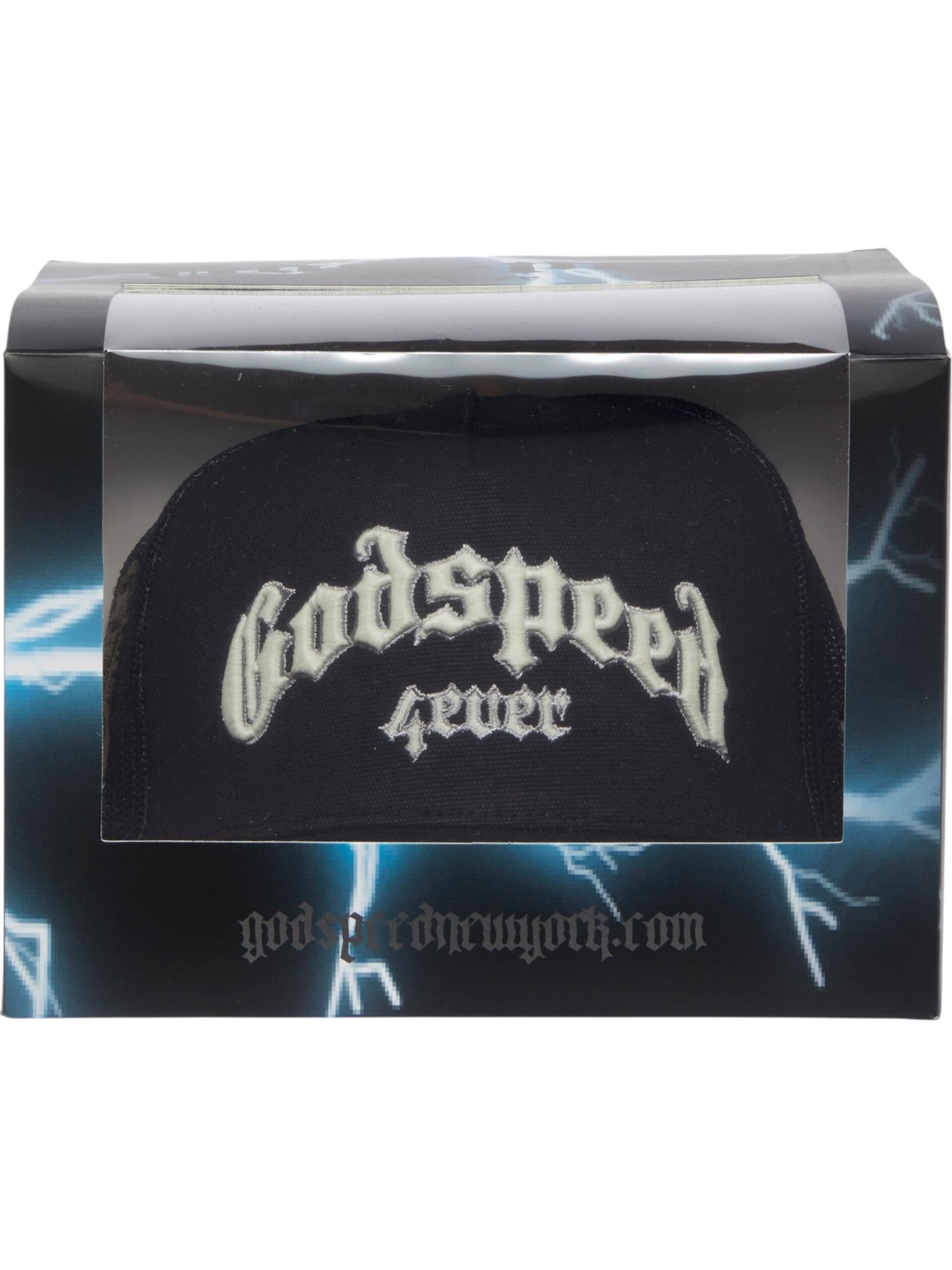 The GODSPEED Godspeed Gs Forever Hat Black is a limited-edition trucker hat with "Godspeed Fever" in gothic font, color-changing embroidery, and comes in a lightning-design box featuring "godspeednewyork.com" on the front.