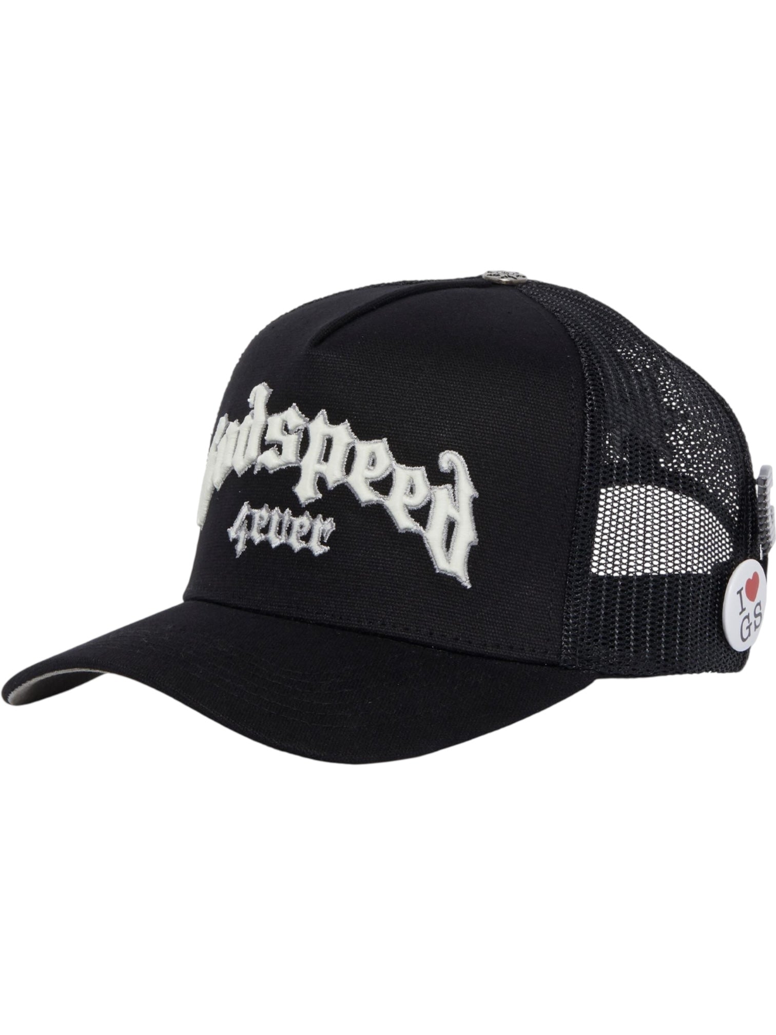 The GODSPEED Godspeed Gs Forever Hat Black is a limited edition black mesh trucker hat with color-changing "Godspeed Fever" embroidery on the front and an "I ♥ GS" pin attached to the side.
