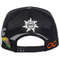 The Godspeed Gs Forever Hat Black by GODSPEED is a black mesh trucker hat seen from the back, featuring limited edition patches like an embroidered sun with an eye, yellow car patch, orange infinity symbol, and unique details.