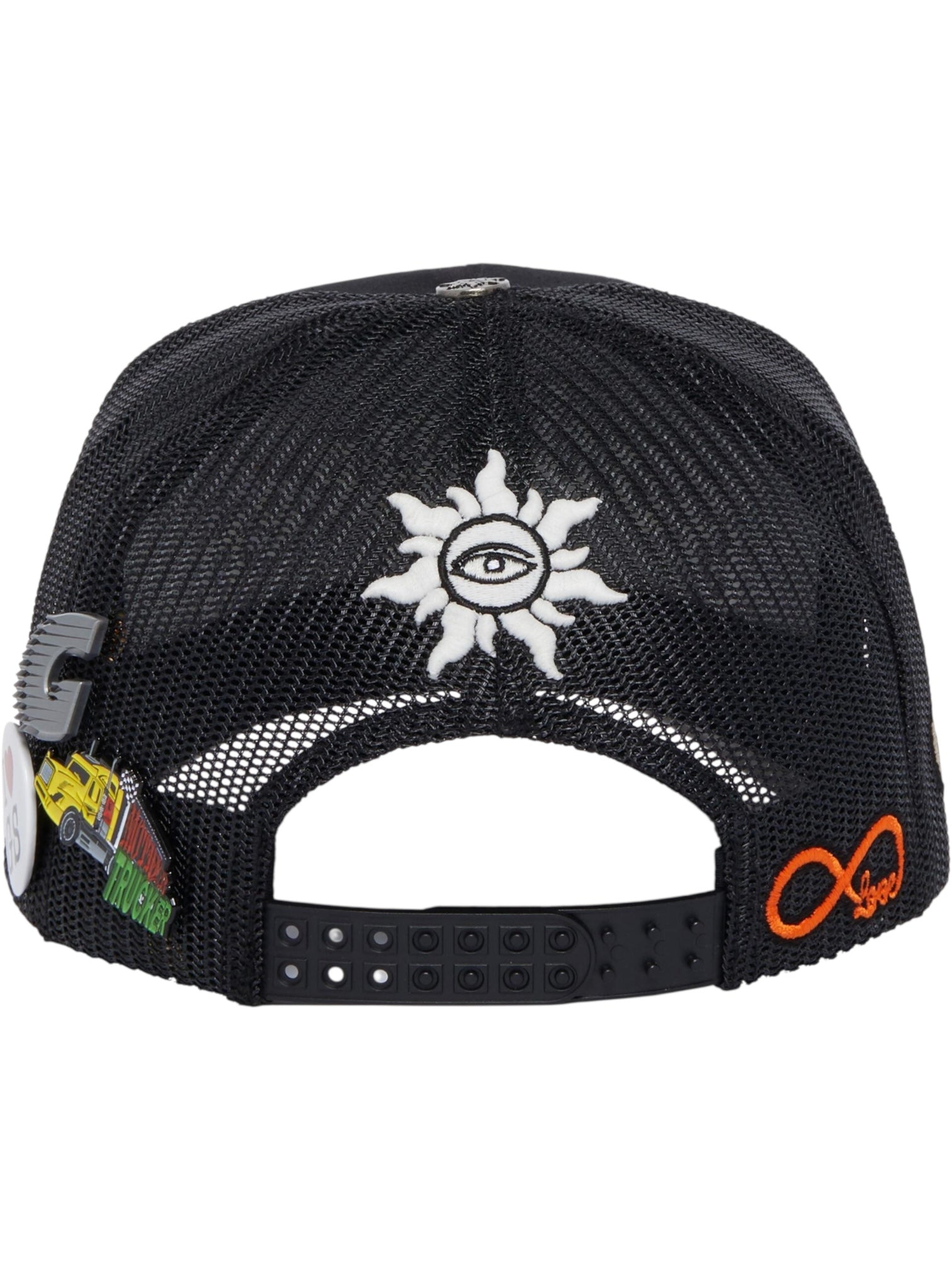 The Godspeed Gs Forever Hat Black by GODSPEED is a black mesh trucker hat seen from the back, featuring limited edition patches like an embroidered sun with an eye, yellow car patch, orange infinity symbol, and unique details.