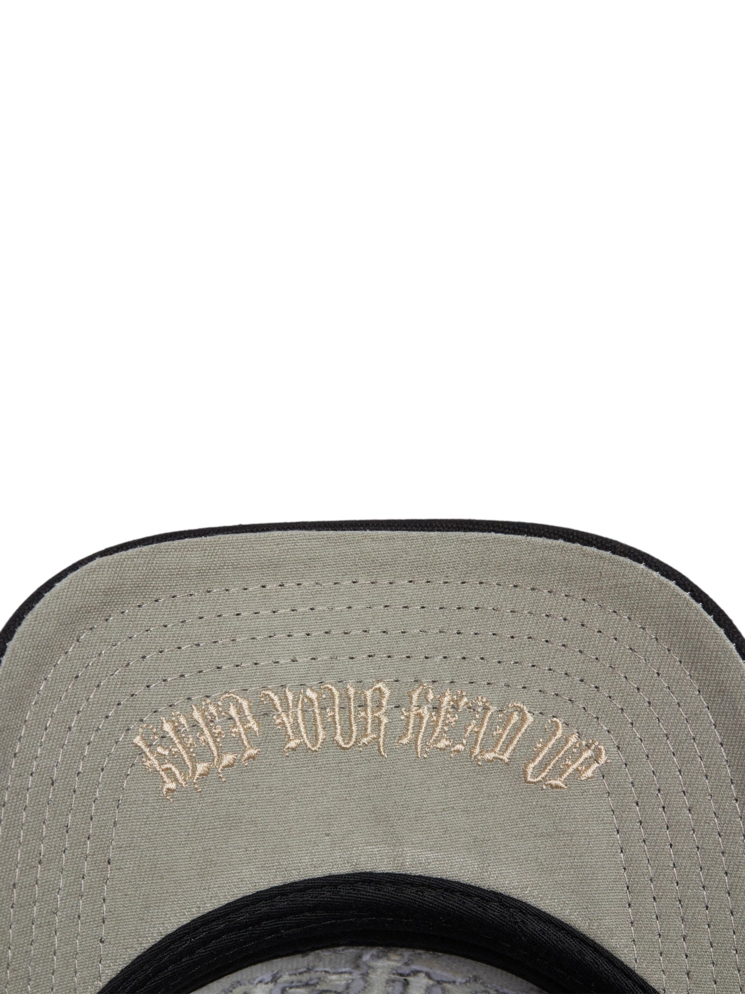 Close-up of the underside of the GODSPEED Godspeed Gs Forever Hat Black brim, featuring "KEEP YOUR HEAD UP" embroidered in light-colored thread.