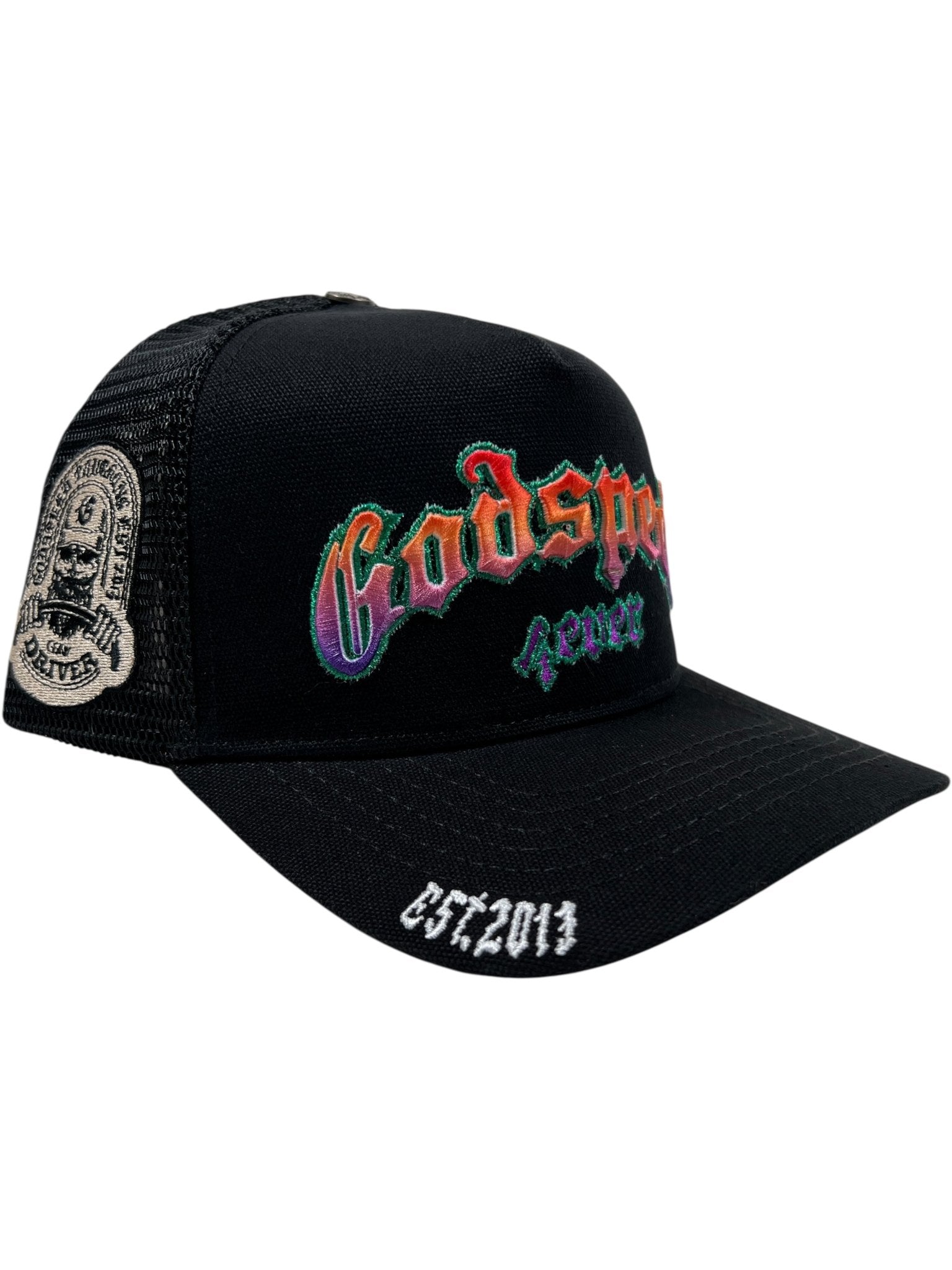 The GODSPEED Godspeed GS Forever Trucker Gradient Hat Hawaiian is a limited edition mesh-back hat with "Godspeed Seven" in multicolored front text, a side patch, and "EST. 2013" embroidered on the brim.