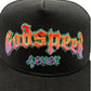 The GODSPEED GS Forever Trucker Gradient Hat Hawaiian is a limited edition black hat featuring colorful embroidered "Godspeed" text in large letters and "fever" in smaller letters underneath.