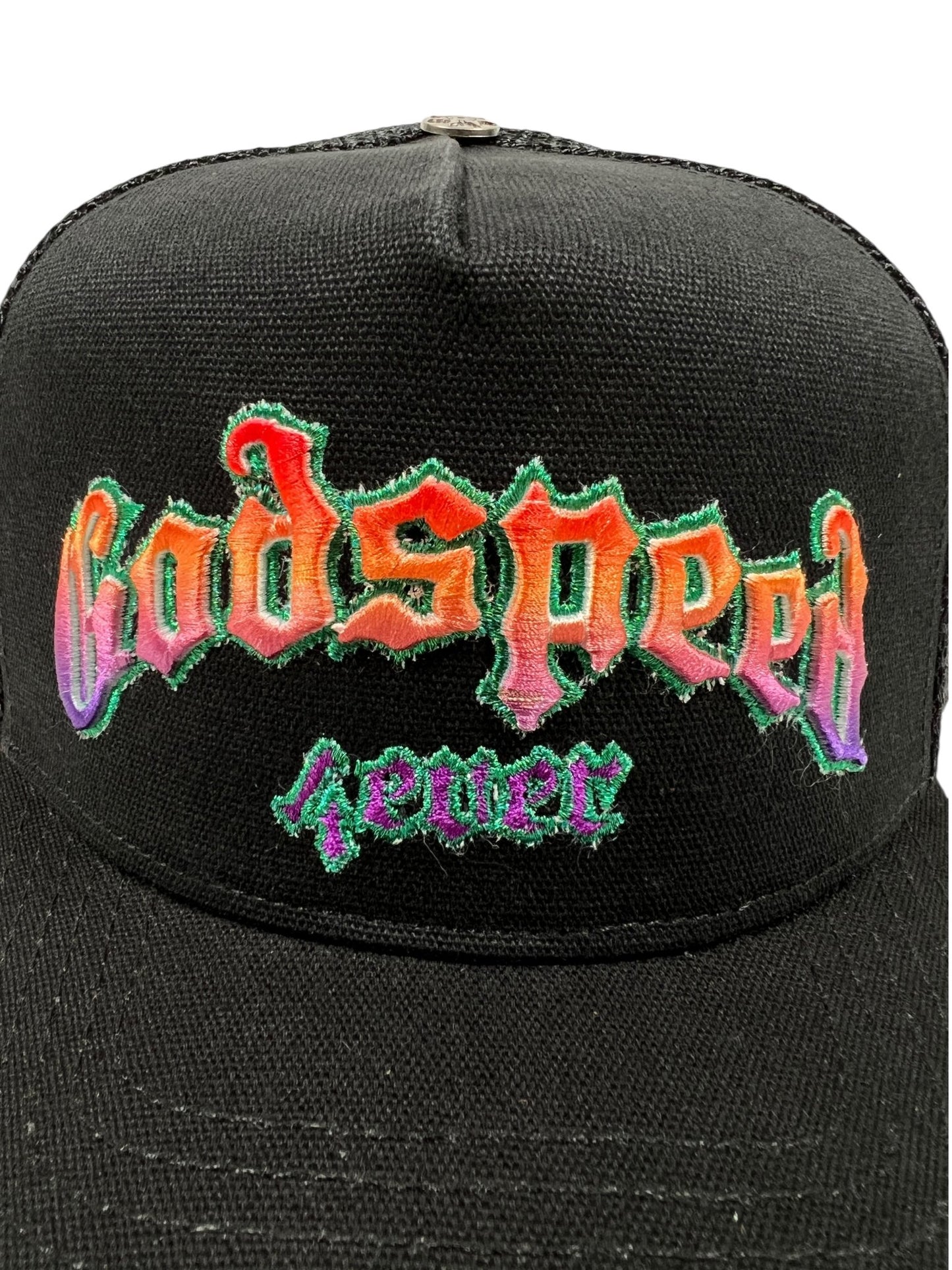 The GODSPEED GS Forever Trucker Gradient Hat Hawaiian is a limited edition black hat featuring colorful embroidered "Godspeed" text in large letters and "fever" in smaller letters underneath.