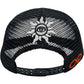 The GODSPEED Godspeed GS Forever Trucker Gradient Hat Hawaiian features black mesh, a color-changing white sun and eye embroidery on the back, an orange infinity symbol on the side, and an adjustable snapback strap. Limited edition.