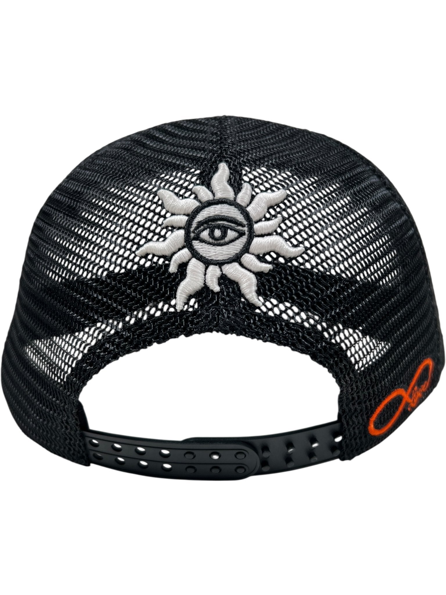 The GODSPEED Godspeed GS Forever Trucker Gradient Hat Hawaiian features black mesh, a color-changing white sun and eye embroidery on the back, an orange infinity symbol on the side, and an adjustable snapback strap. Limited edition.