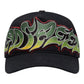 The GODSPEED GS Neo Trucker Hat in black features a green and yellow flame-style embroidery with a red outline on the front. This limited edition cap stylishly combines bold colors and unique design elements.