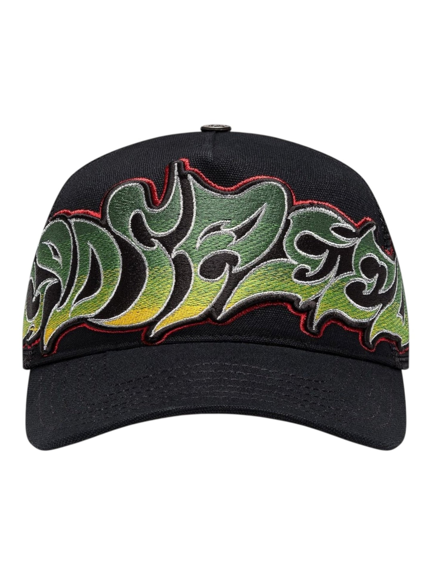 The GODSPEED GS Neo Trucker Hat in black features a green and yellow flame-style embroidery with a red outline on the front. This limited edition cap stylishly combines bold colors and unique design elements.