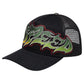 The GODSPEED GS Neo Trucker Hat Black/Yellow/Red features black mesh, a curved bill, and a bold green, yellow, and red flame-like embroidered design on the front panel. This limited edition hat is perfect for standout style.