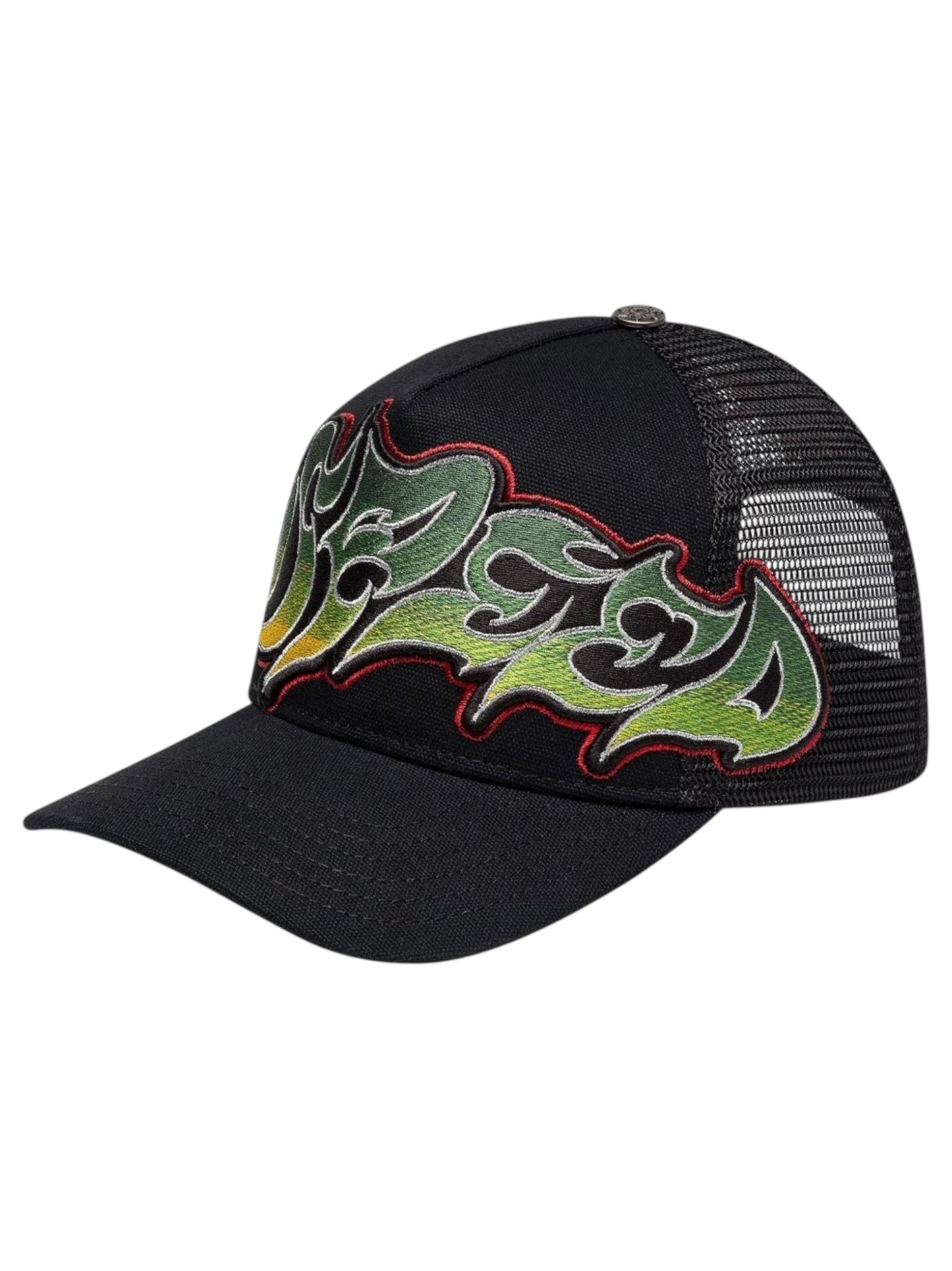 The GODSPEED GS Neo Trucker Hat Black/Yellow/Red features black mesh, a curved bill, and a bold green, yellow, and red flame-like embroidered design on the front panel. This limited edition hat is perfect for standout style.