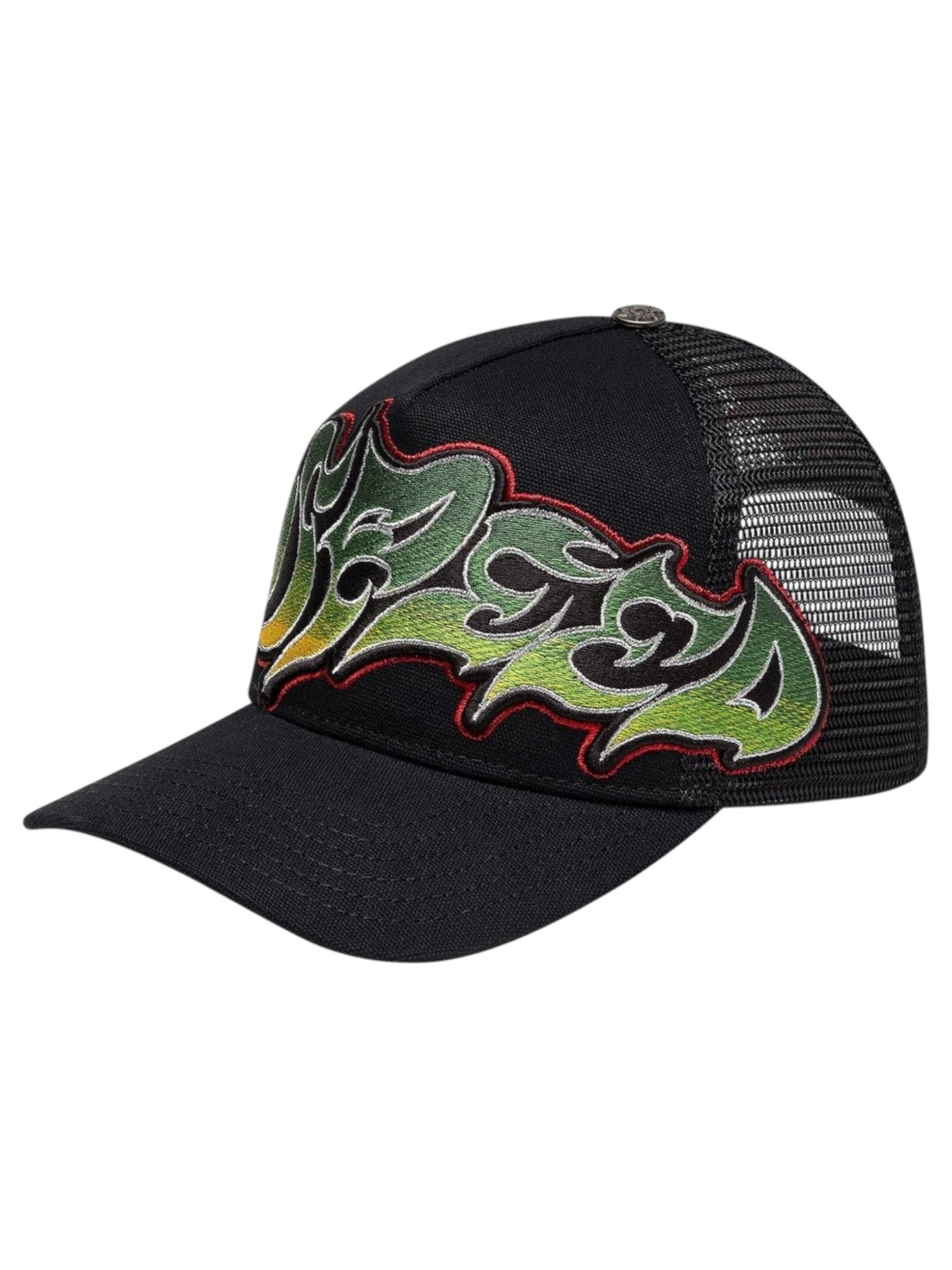 The GODSPEED GS Neo Trucker Hat Black/Yellow/Red features black mesh, a curved bill, and a bold green, yellow, and red flame-like embroidered design on the front panel. This limited edition hat is perfect for standout style.
