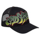 The GODSPEED GS Neo Trucker Hat Black/Yellow/Red is a limited edition black mesh cap with green and yellow graffiti-style lettering outlined in red on the front.