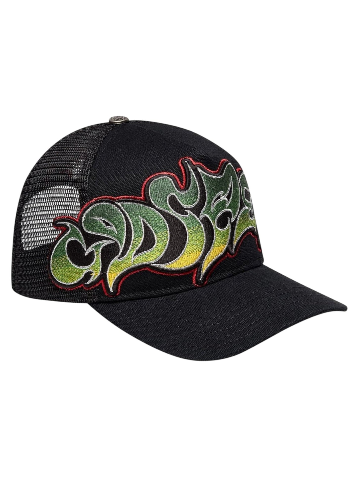 The GODSPEED GS Neo Trucker Hat Black/Yellow/Red is a limited edition black mesh cap with green and yellow graffiti-style lettering outlined in red on the front.