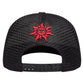 Back view of the GODSPEED GS Neo Trucker Hat in black/yellow/red, a limited edition mesh snapback featuring a red sun with stylized face embroidered on the back.