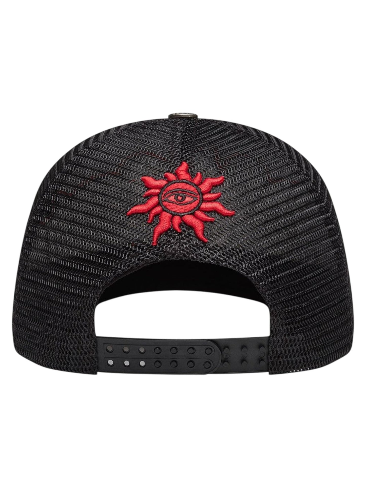 Back view of the GODSPEED GS Neo Trucker Hat in black/yellow/red, a limited edition mesh snapback featuring a red sun with stylized face embroidered on the back.