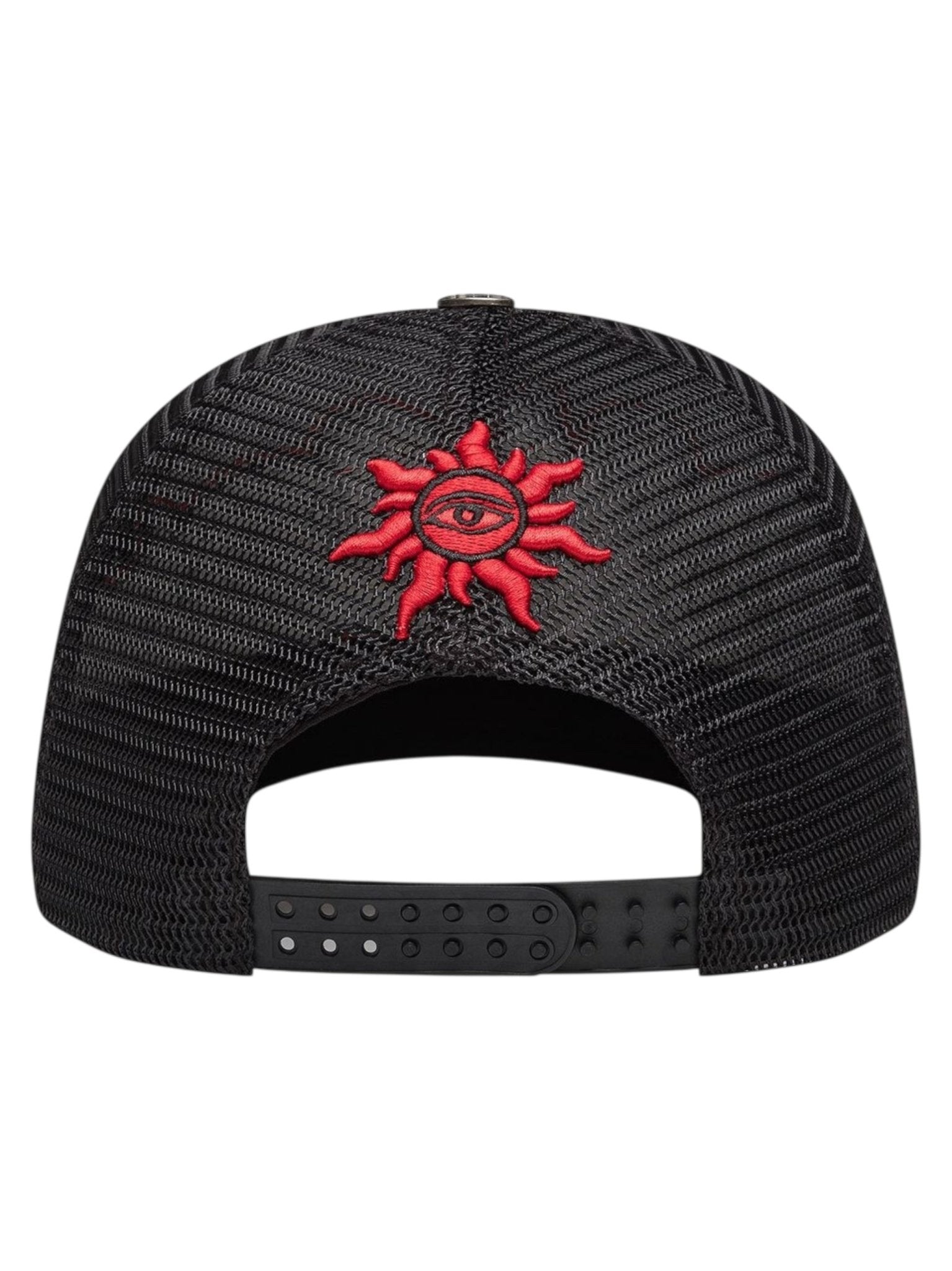 Back view of the GODSPEED GS Neo Trucker Hat in black/yellow/red, a limited edition mesh snapback featuring a red sun with stylized face embroidered on the back.