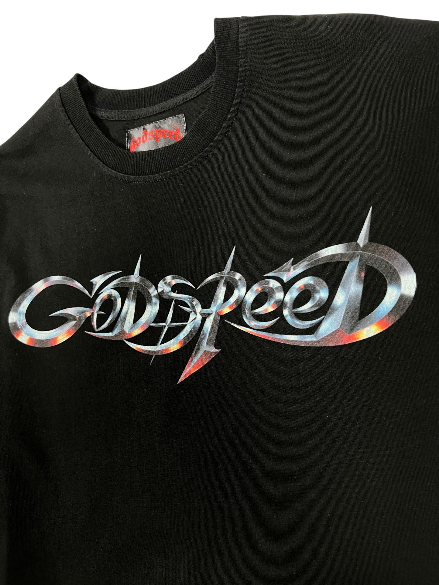 The GODSPEED New Age Logo T-Shirt Black features a metallic, stylized "Godspeed" logo across the chest.