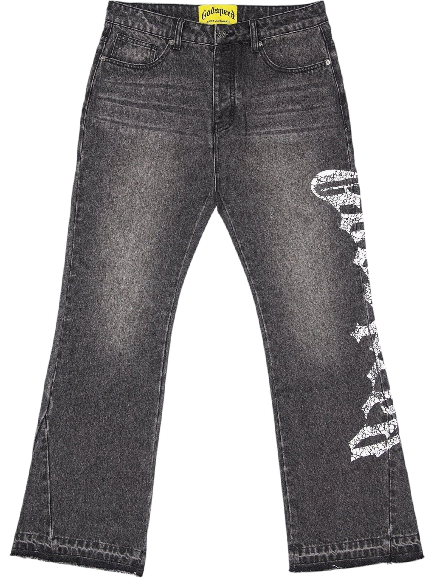 The GODSPEED Godspeed OG Logo Flared Denim Grey Wash jeans feature 100% cotton, a flared cut, classic grey wash, white logo print on the right thigh, and a yellow label on the inner waistband for timeless style.