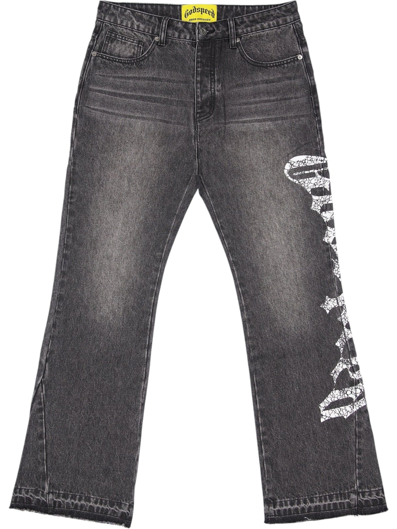 The GODSPEED Godspeed OG Logo Flared Denim Grey Wash jeans feature 100% cotton, a flared cut, classic grey wash, white logo print on the right thigh, and a yellow label on the inner waistband for timeless style.