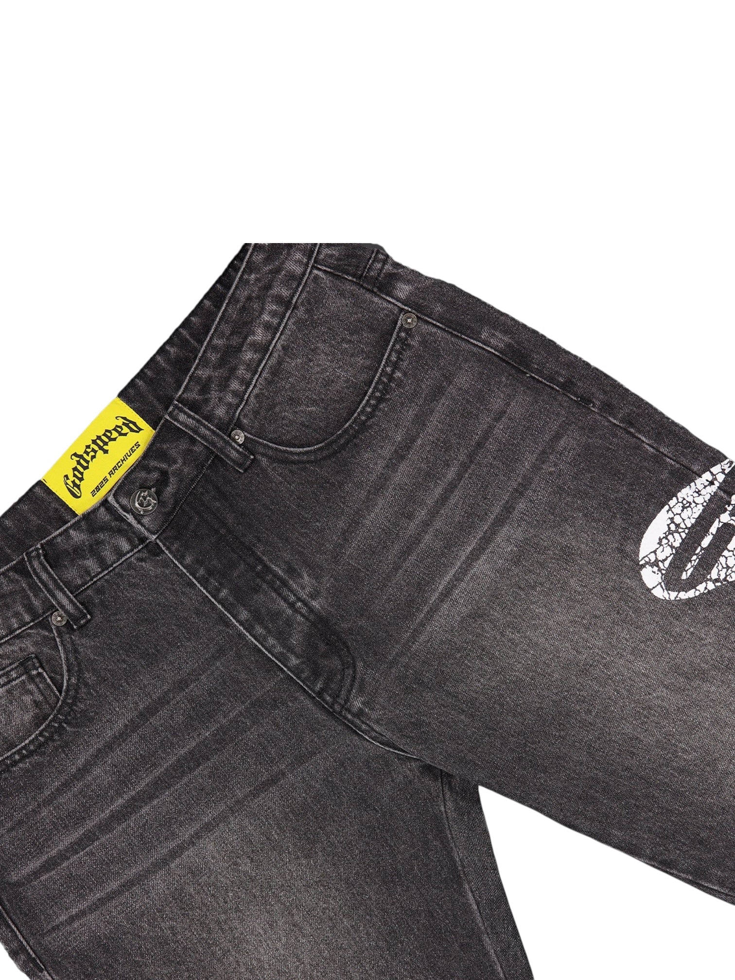 A pair of GODSPEED OG Logo Flared Denim Grey Wash jeans featuring front pockets, a visible yellow waistband label, and a white graphic detail on the thigh.
