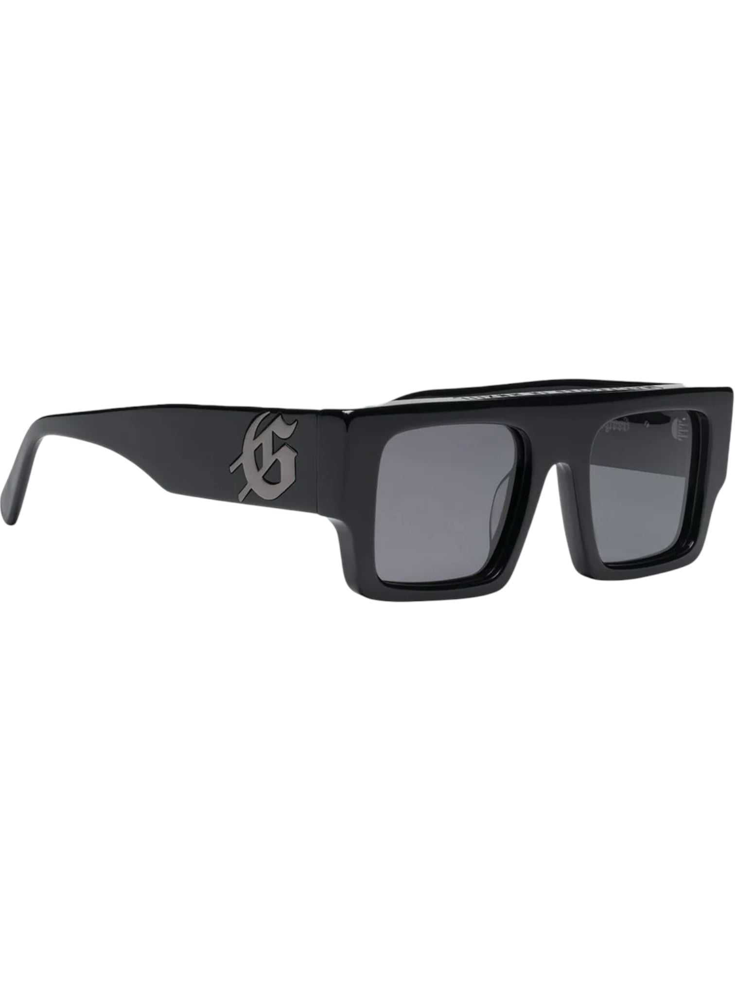 GODSPEED Godspeed OG Sunglasses Black Ice feature a black rectangular design with thick frames, dark lenses, and a metallic logo on the temples for stylish eye protection.