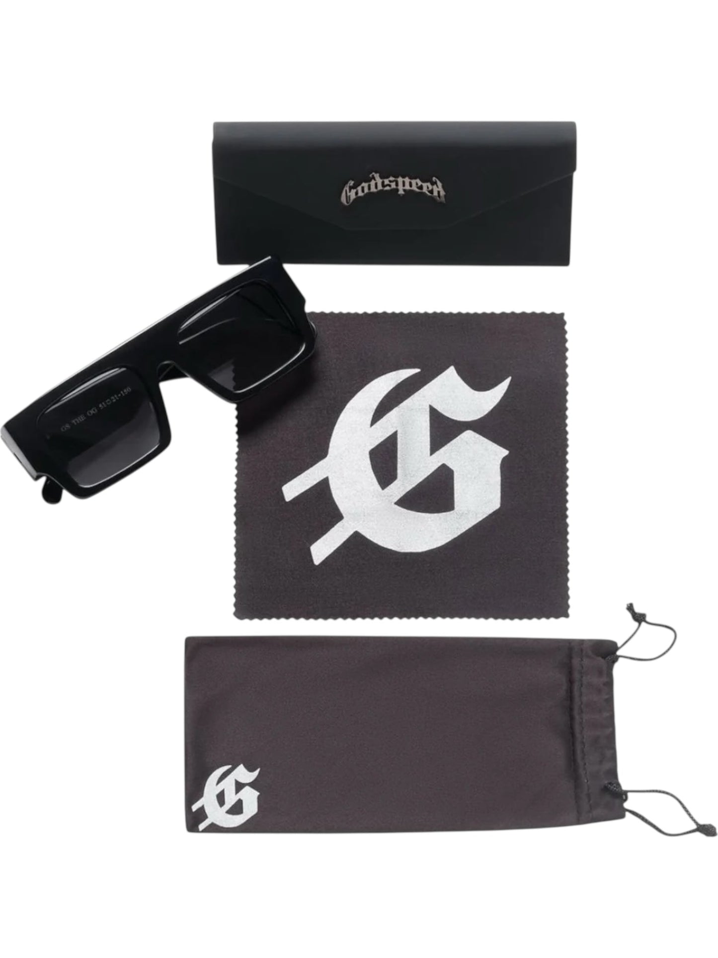 The GODSPEED OG Sunglasses Black Ice come with thick frames, a black signature case, a bold "G" cleaning cloth, and a matching pouch—all shown on a white background for stylish eye protection.