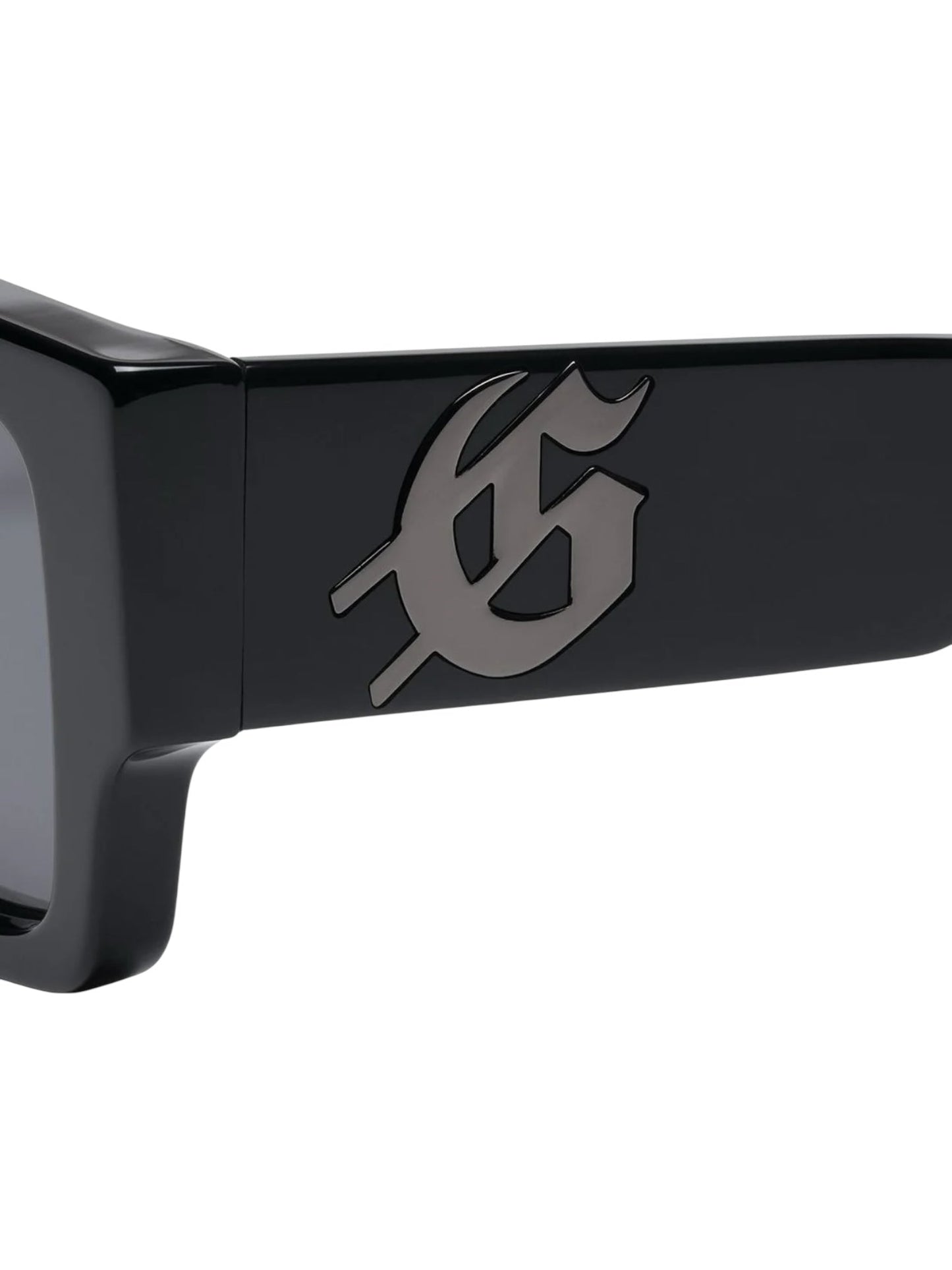Close-up of GODSPEED OG Sunglasses Black Ice with a metallic "G" logo on the temple arm, combining stylish design and eye protection.
