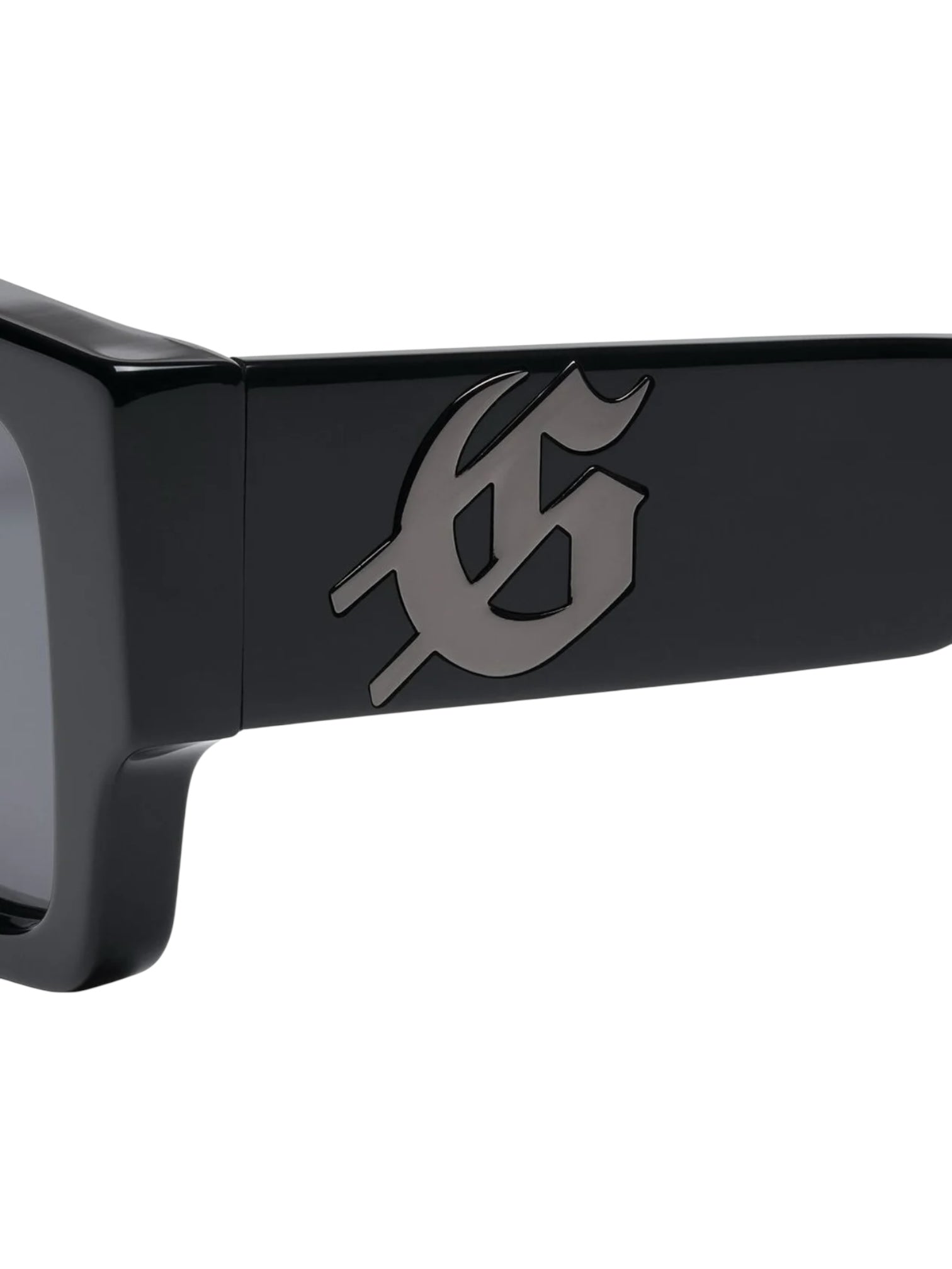 Close-up of GODSPEED OG Sunglasses Black Ice with a metallic "G" logo on the temple arm, combining stylish design and eye protection.