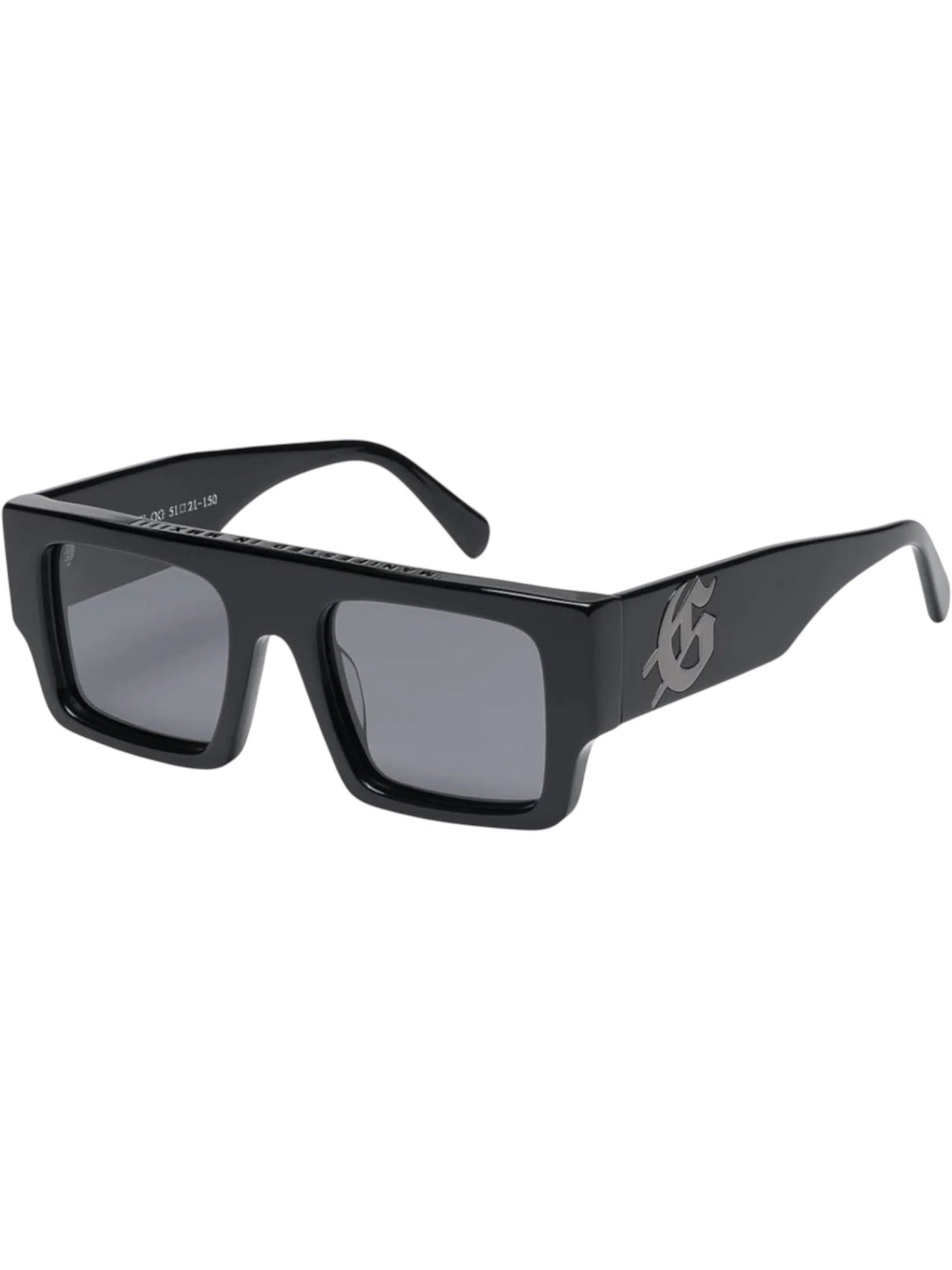The GODSPEED Godspeed OG Sunglasses Black Ice feature a black rectangular design with thick frames, dark protective lenses, and a stylized silver logo on the temple.