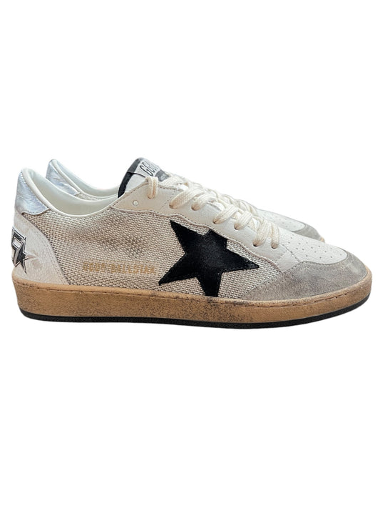 The Golden Goose GMF00117 Ball Star Net LT Silver/Black sneakers by GOLDEN GOOSE showcase a striking black leather star design and durable rubber sole.