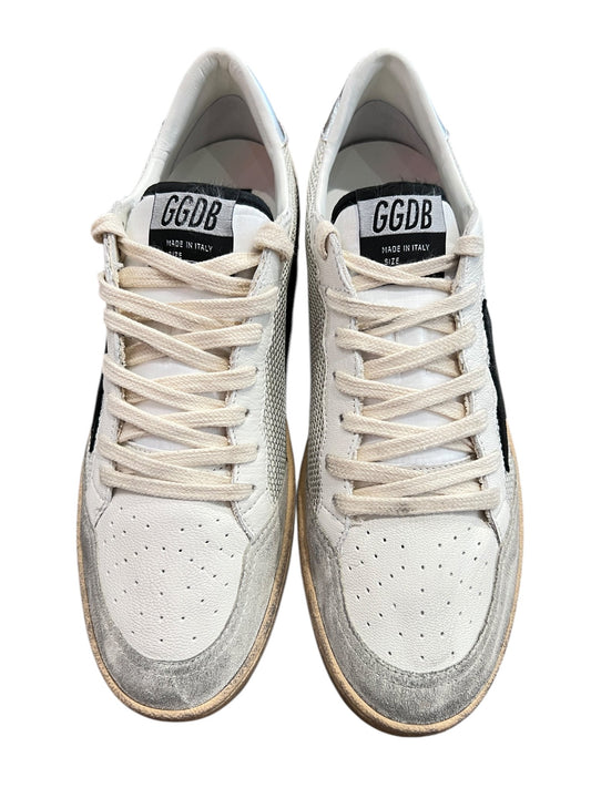 Golden Goose GMF00117 Ball Star Net LT Silver/Black sneakers feature a black leather star, beige laces, gray toe detailing, and slightly scuffed rubber soles. "Made in Italy" is displayed on the tongue along with the brand logo.