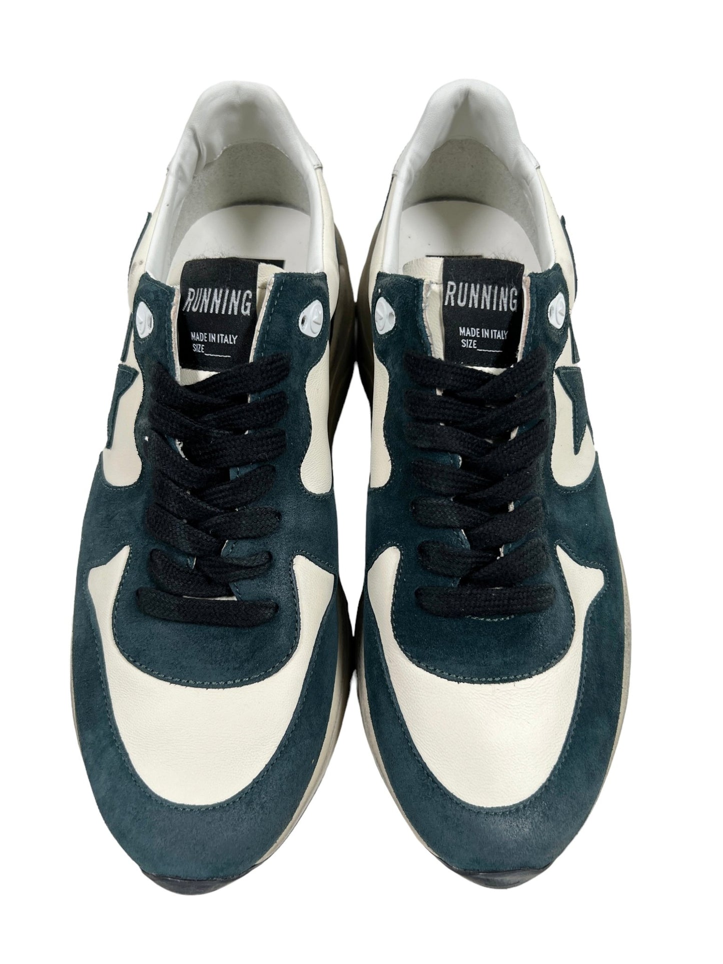 A pair of GOLDEN GOOSE GMF00126 Running Sole shoes in dark green and white suede with black laces, featuring the word "RUNNING" on the tongue and a stylish RUNNING SOLE for enhanced performance.