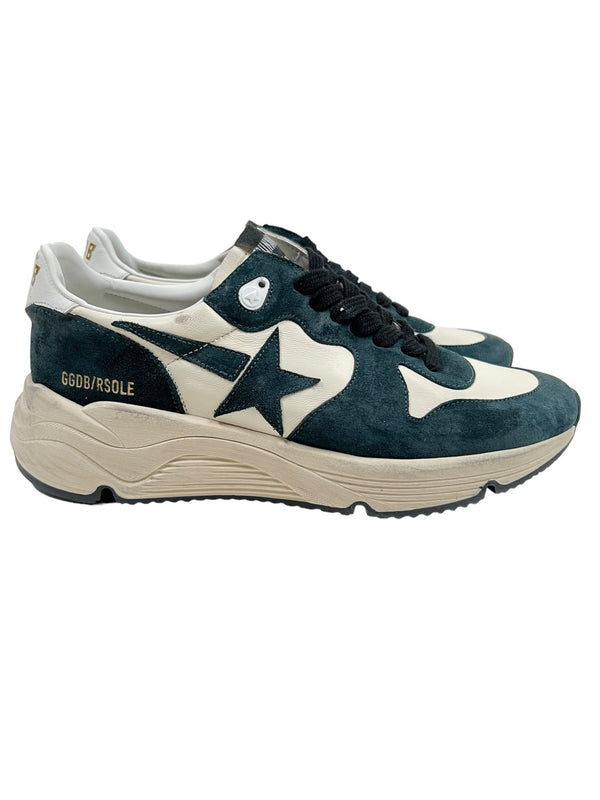 Pair of dark green and white athletic sneakers with star design on the sides, labeled "GMF00126" on the heel. These semi-luxurious Golden Goose Running Sole suede sneakers offer both style and comfort.