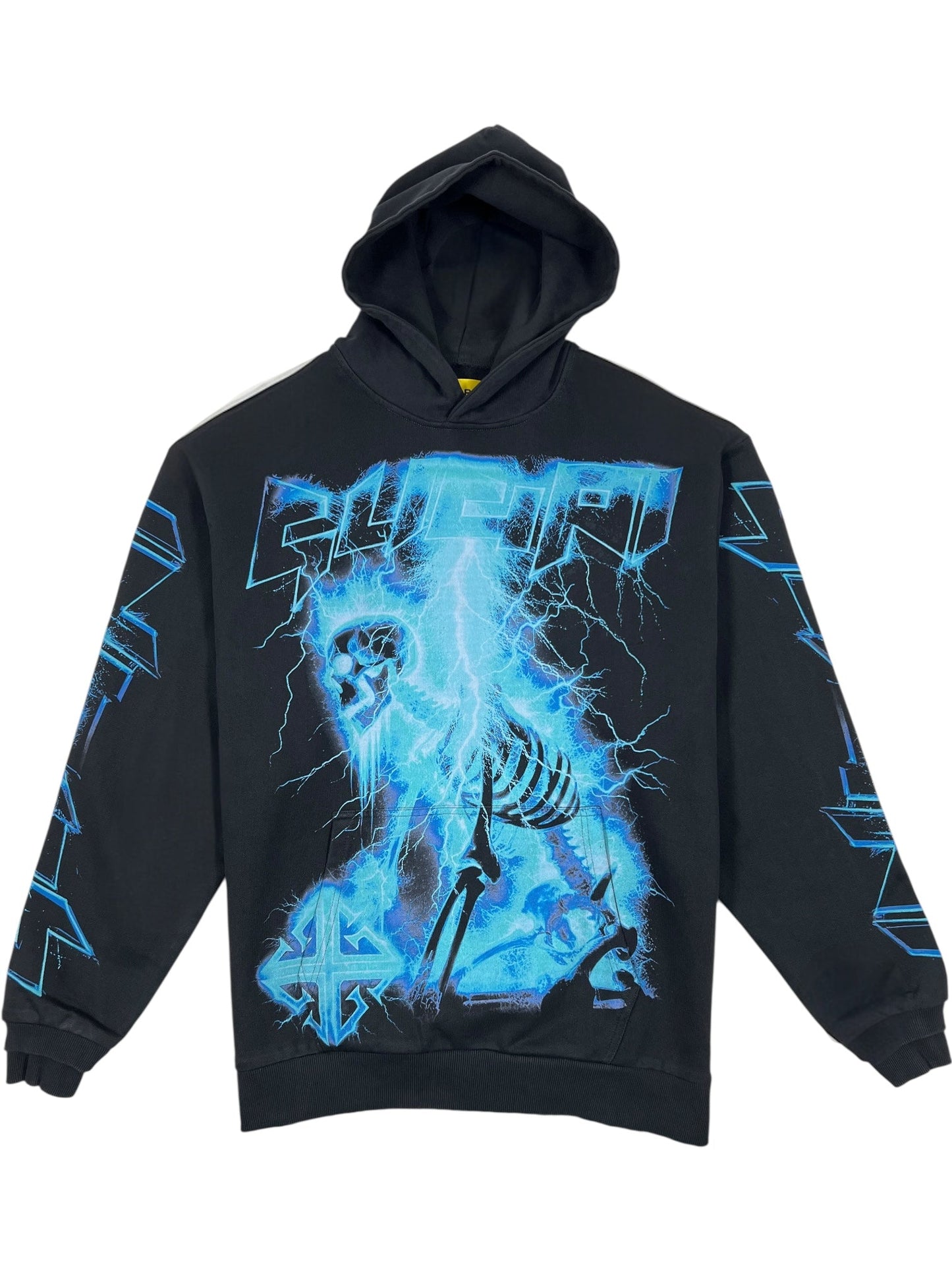 The Guapi Black Revived Hoodie V2 by GUAPI features bold streetwear style with a blue lightning and skeletal graphic on the front plus electric-themed sleeve designs—signature elements inspired by the brand.