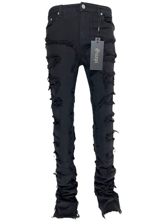 New GUAPI obsidian black blood diamond stacked denim distressed jeans with tags on display.