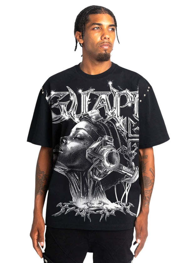 Showcasing the Guapi Obsidian Black Cyborg Tee by GUAPI, an oversized T-shirt crafted from premium cotton with a bold artistic graphic of headphones and abstract elements, ideal for achieving a streetwear aesthetic.