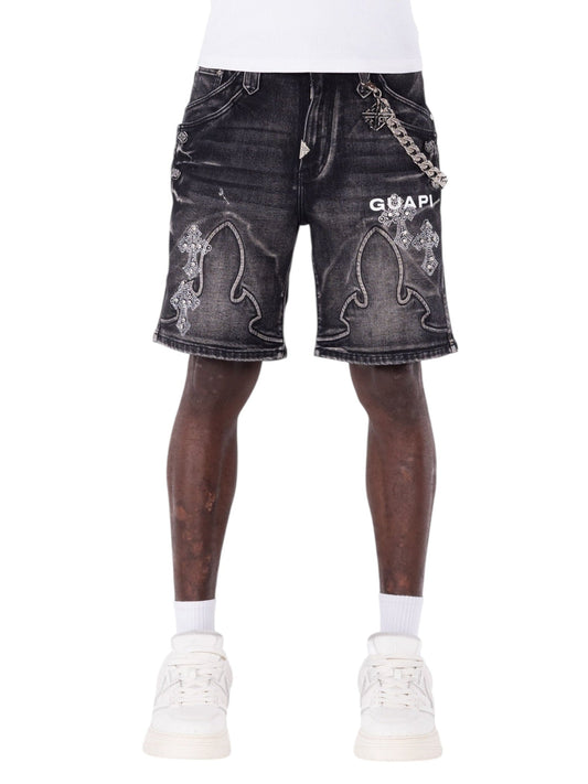 Guapi Obsidian Black Faded Cross Denim Shorts