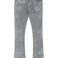 Guapi Smoke Grey Distressed Cross Denim jeans by GUAPI feature a gray, textured straight-leg fit with "GUAPI" branding on the right leg and left pocket, plus a decorative chain on the belt loop.
