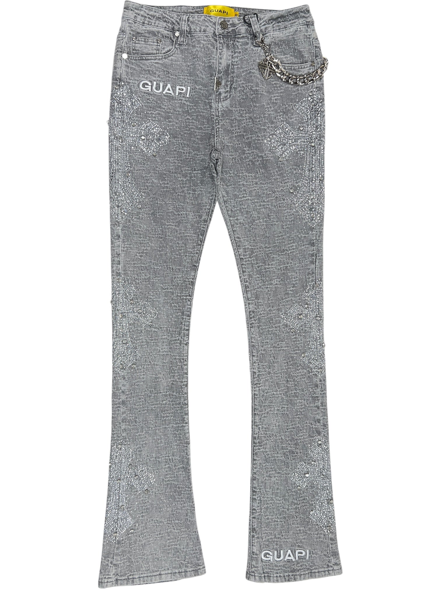 Guapi Smoke Grey Distressed Cross Denim jeans by GUAPI feature a gray, textured straight-leg fit with "GUAPI" branding on the right leg and left pocket, plus a decorative chain on the belt loop.