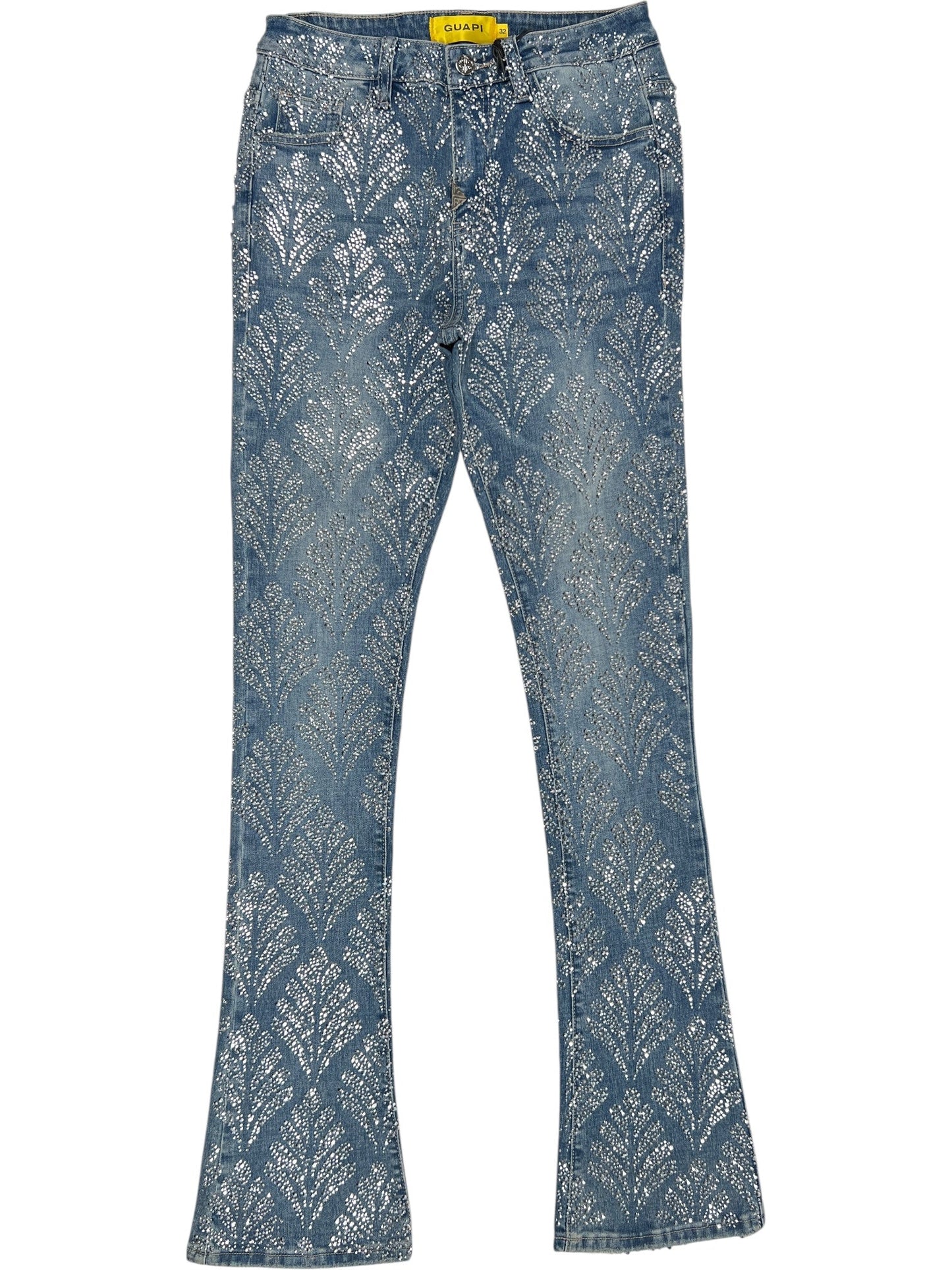 The Guapi Steel Blue Embellished Denim V2 by GUAPI features a silver leaf pattern, slight flare at the bottom, and is made from premium stretch denim, shown laid flat on a white background.