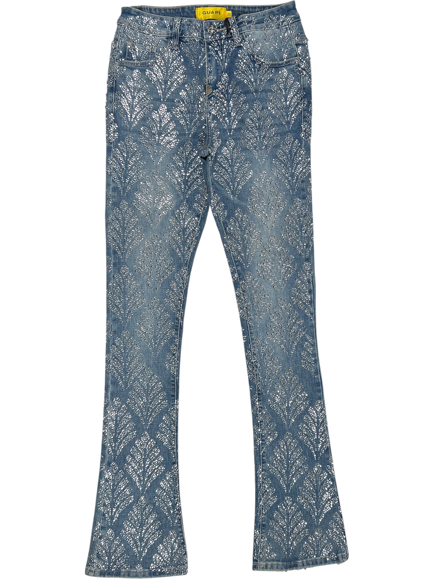 The Guapi Steel Blue Embellished Denim V2 by GUAPI features a silver leaf pattern, slight flare at the bottom, and is made from premium stretch denim, shown laid flat on a white background.