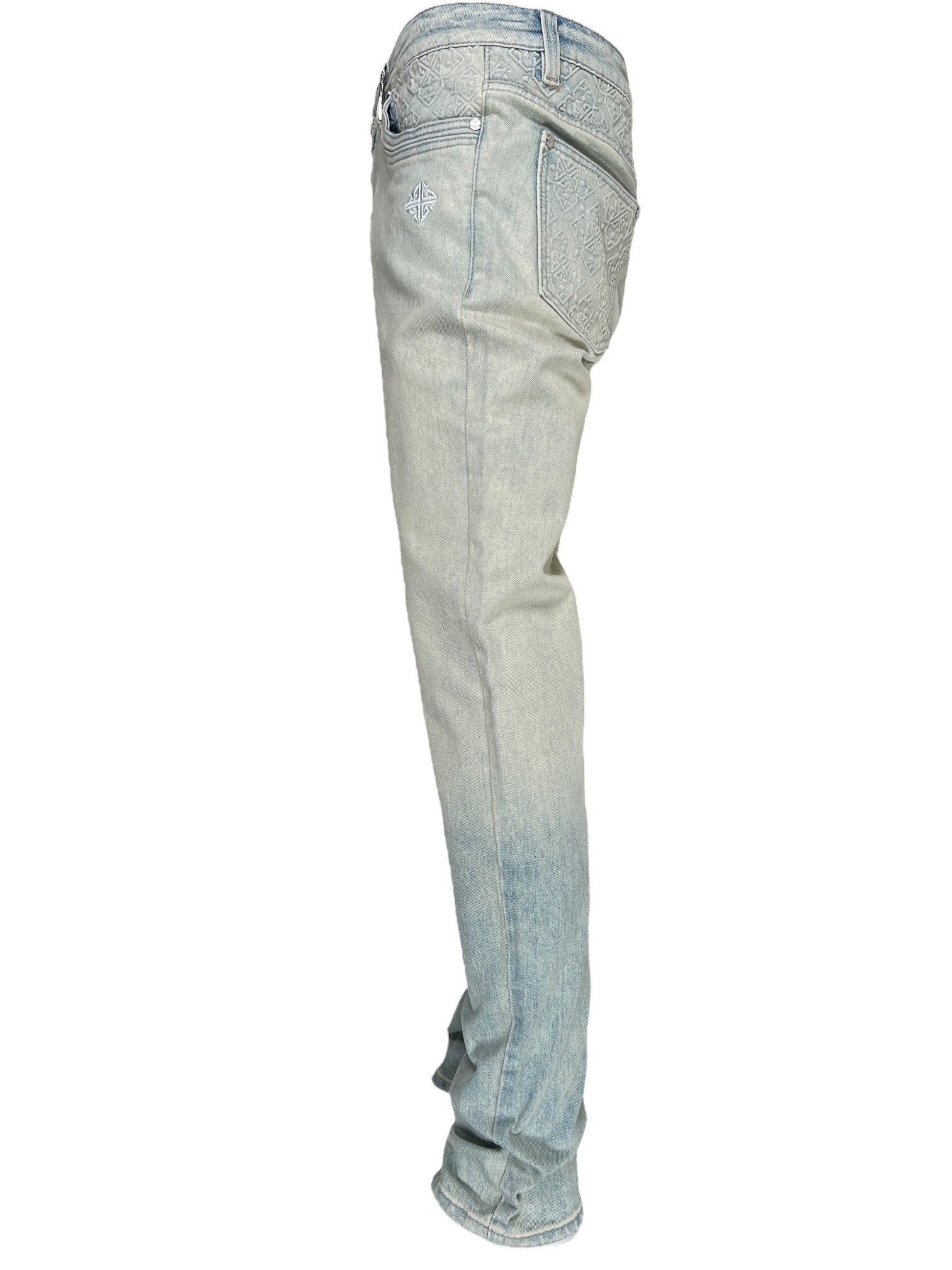 Side view of GUAPI Guapi Vintage Blue Basics Regular Denim V2 jeans, made from premium denim with decorative back pocket stitching and a regular fit design.