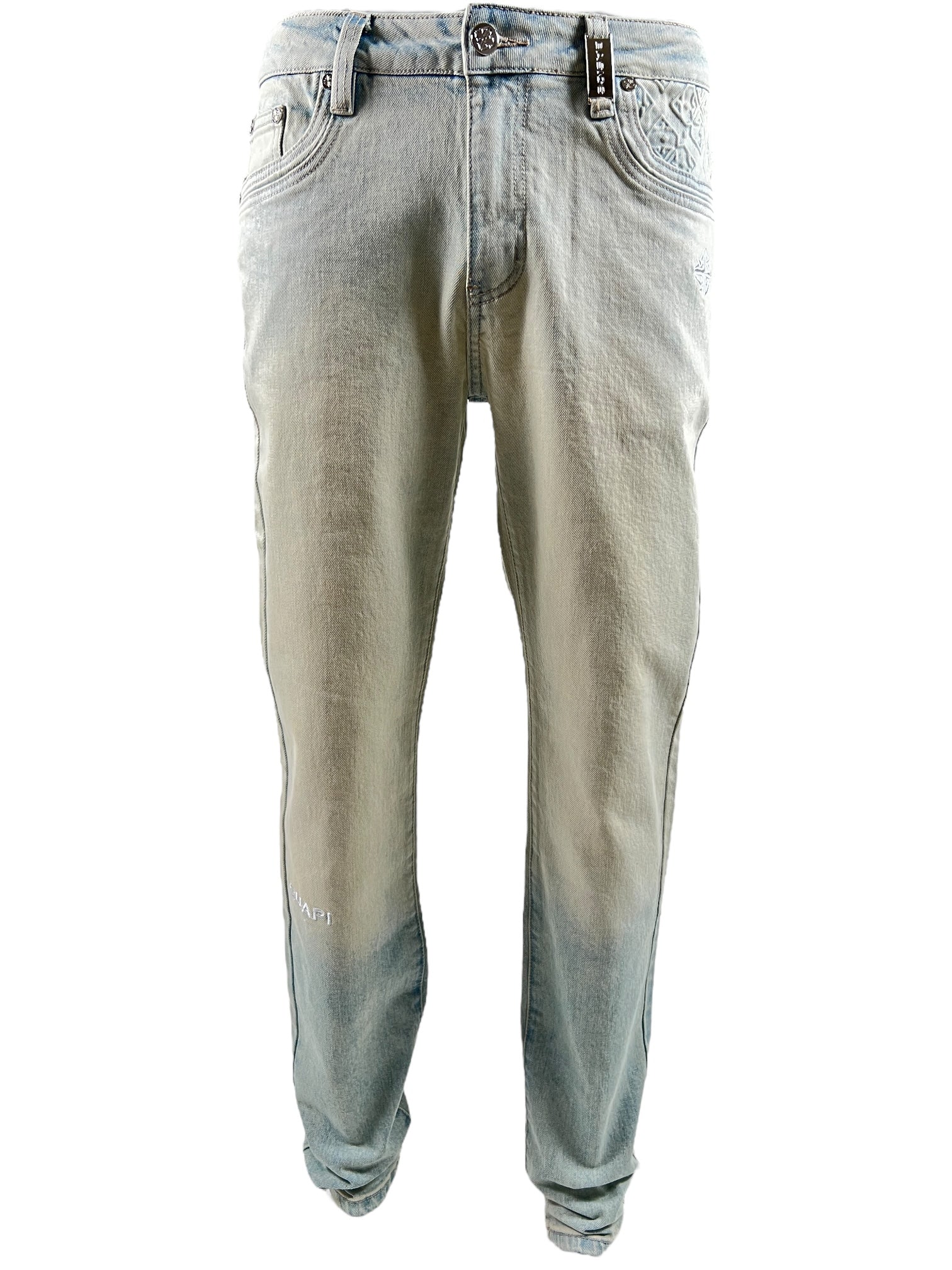 GUAPI Guapi Vintage Blue Basics Regular Denim V2: Regular-fit vintage blue jeans with a faded gradient wash effect and branded tag on the waistband.