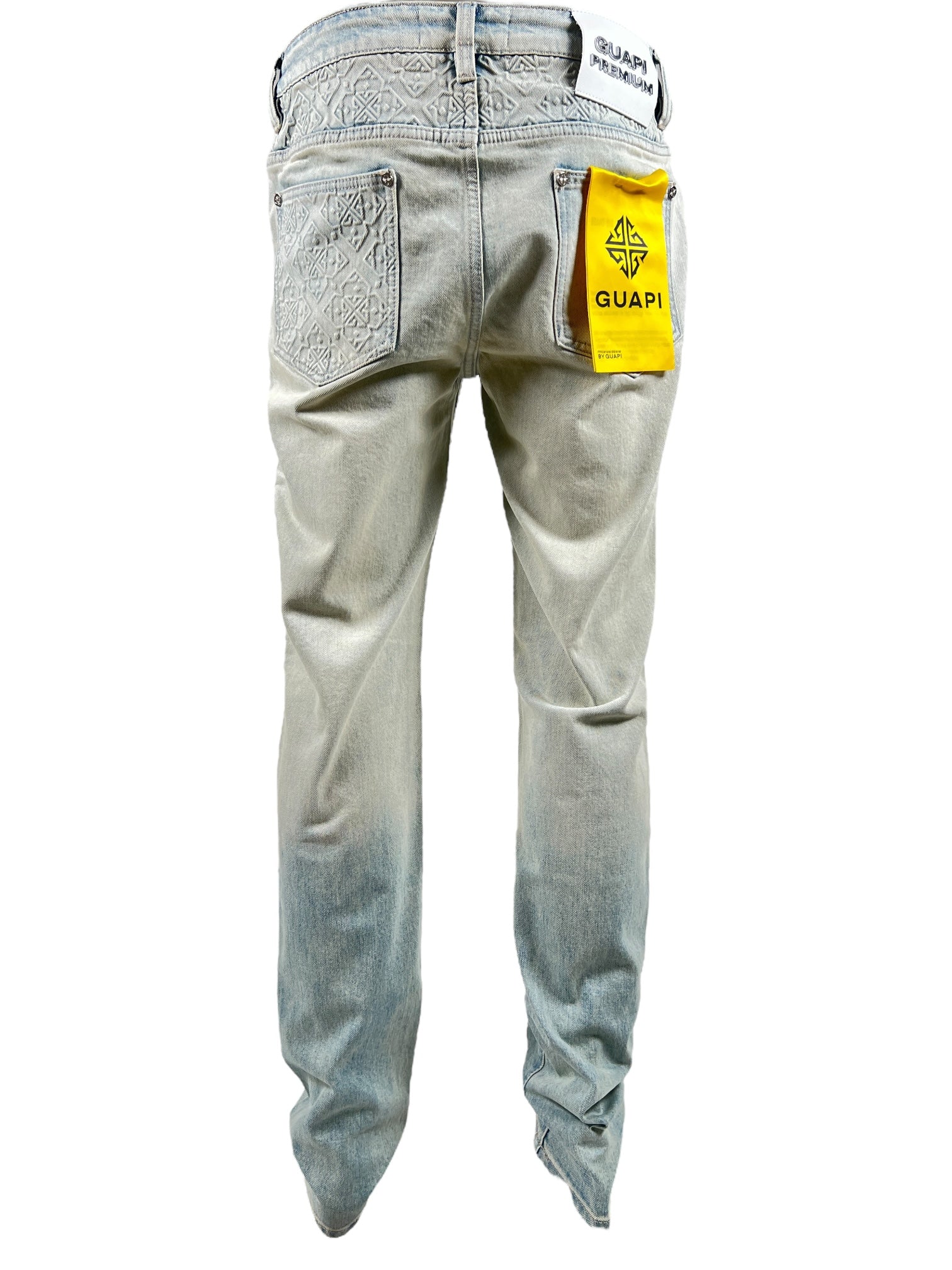 A pair of Guapi Vintage Blue Basics Regular Denim V2 jeans, regular fit, shown from the back with premium denim, decorative pocket stitching, and a yellow GUAPI brand tag.