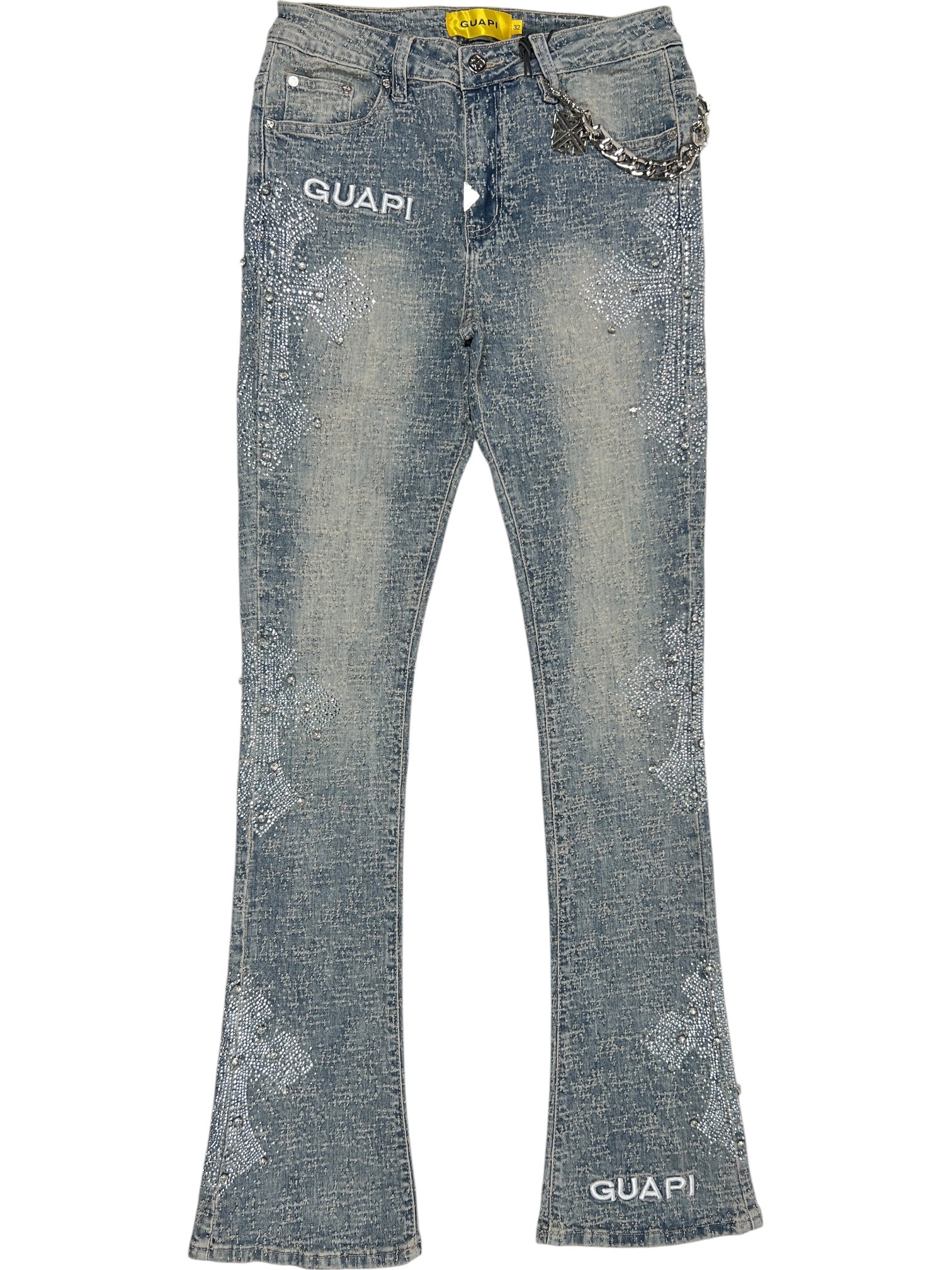 GUAPI Vintage Blue Distressed Cross Denim Jeans