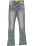 A pair of GUAPI Guapi Vintage Olive Pearls Denim jeans with a flared cut, faded wash, and white and green paint splatter details on the front legs.